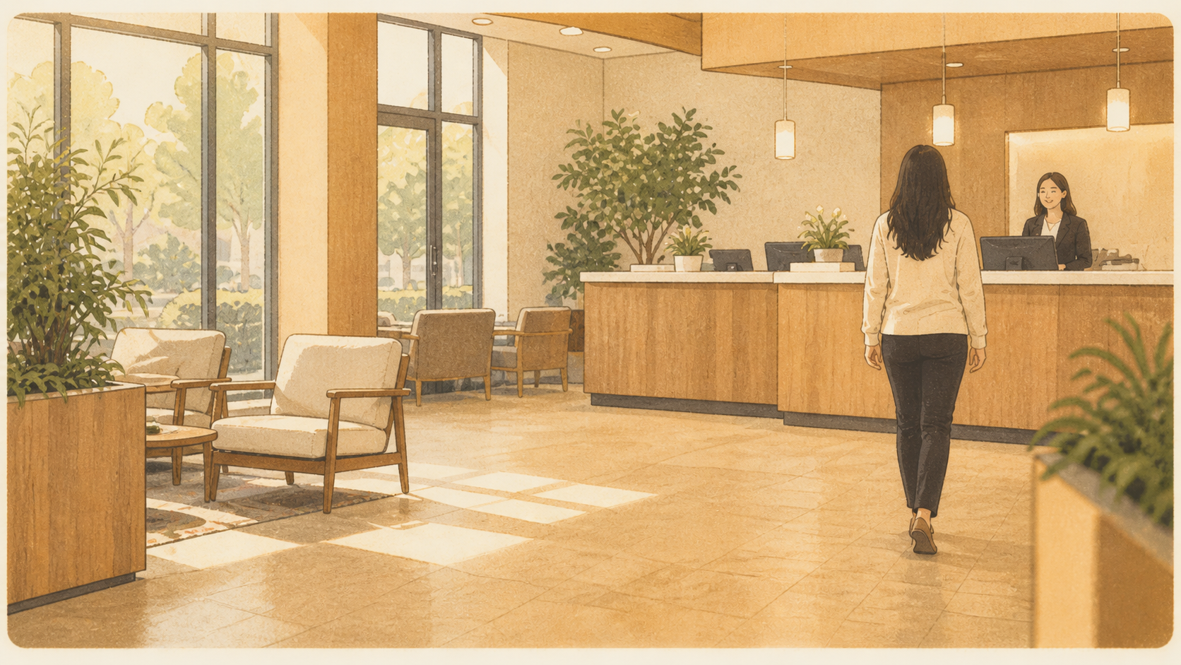 A credit union teller greeting a member at the branch